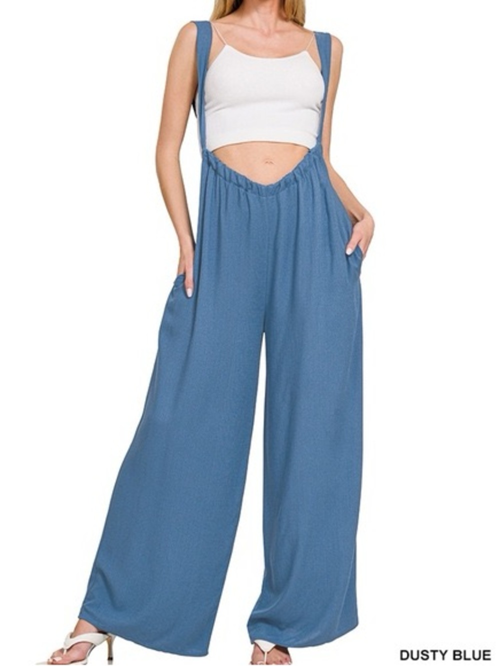 Zenana Woven Tie Back Suspender Jumpsuit • L